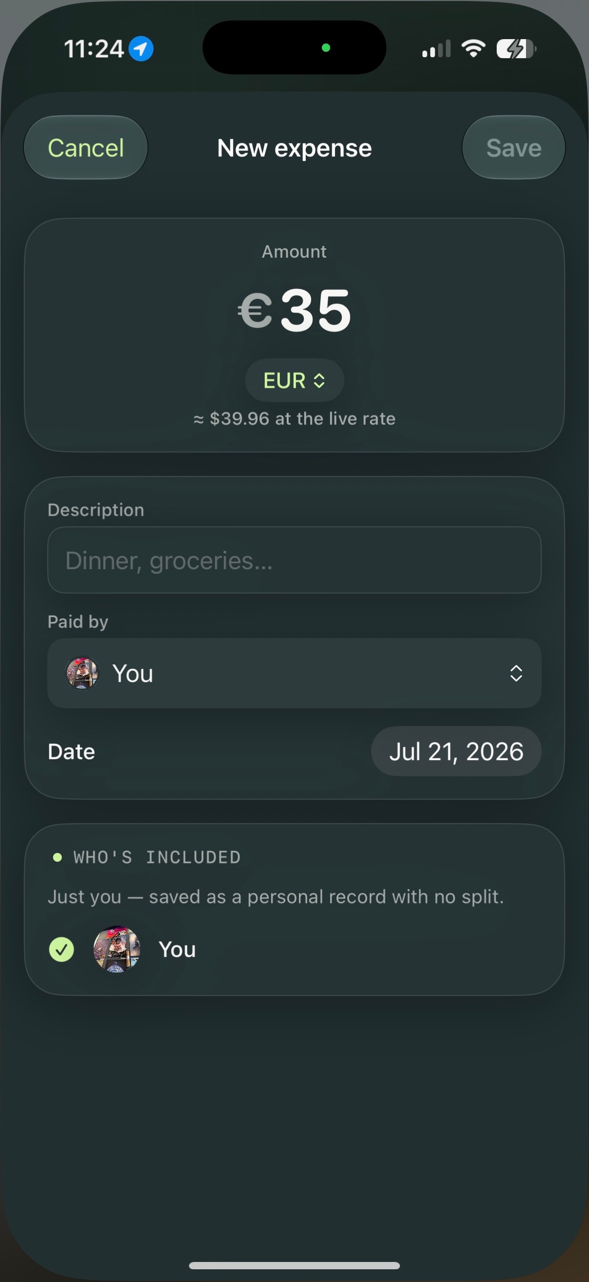 Split new expense in euros with a live exchange rate