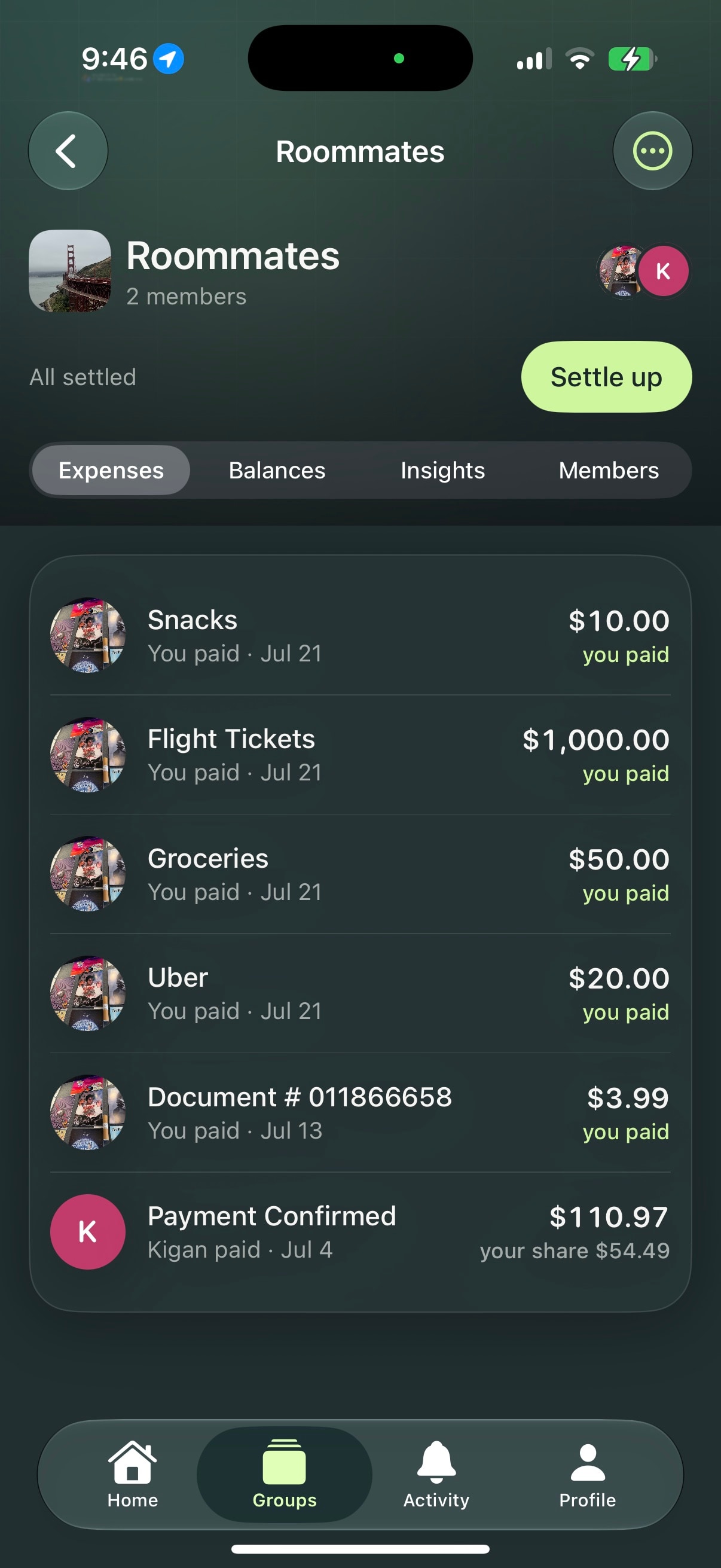 Split Roommates group showing shared expenses and balances