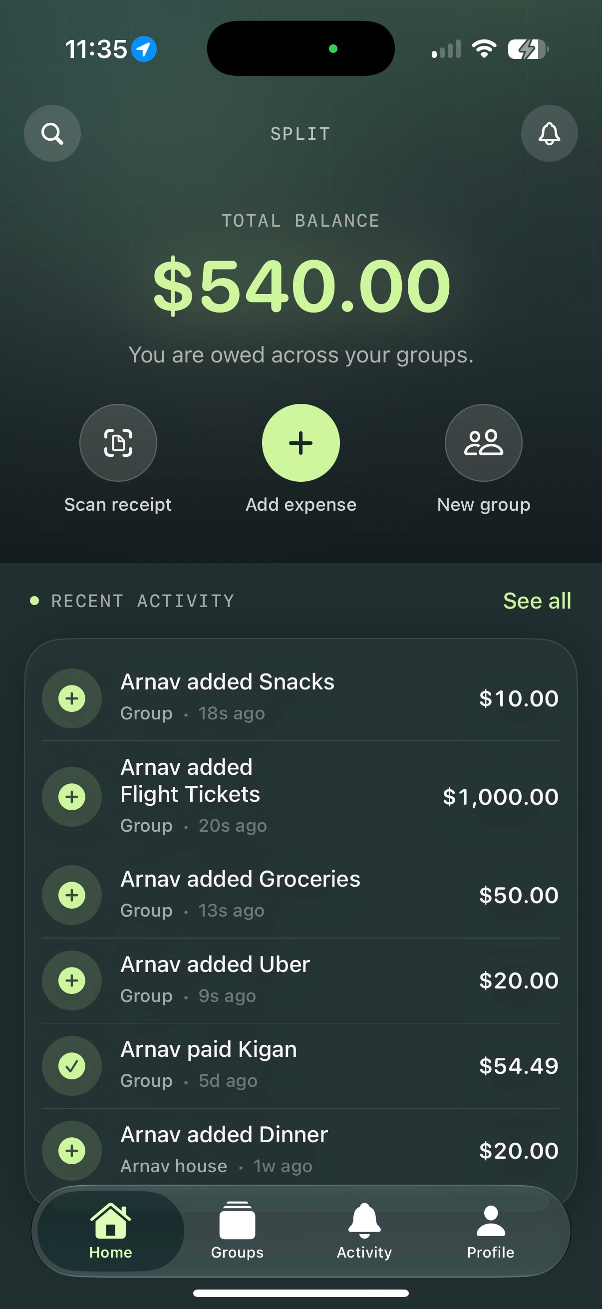 Split home screen showing a $540 total balance and recent activity