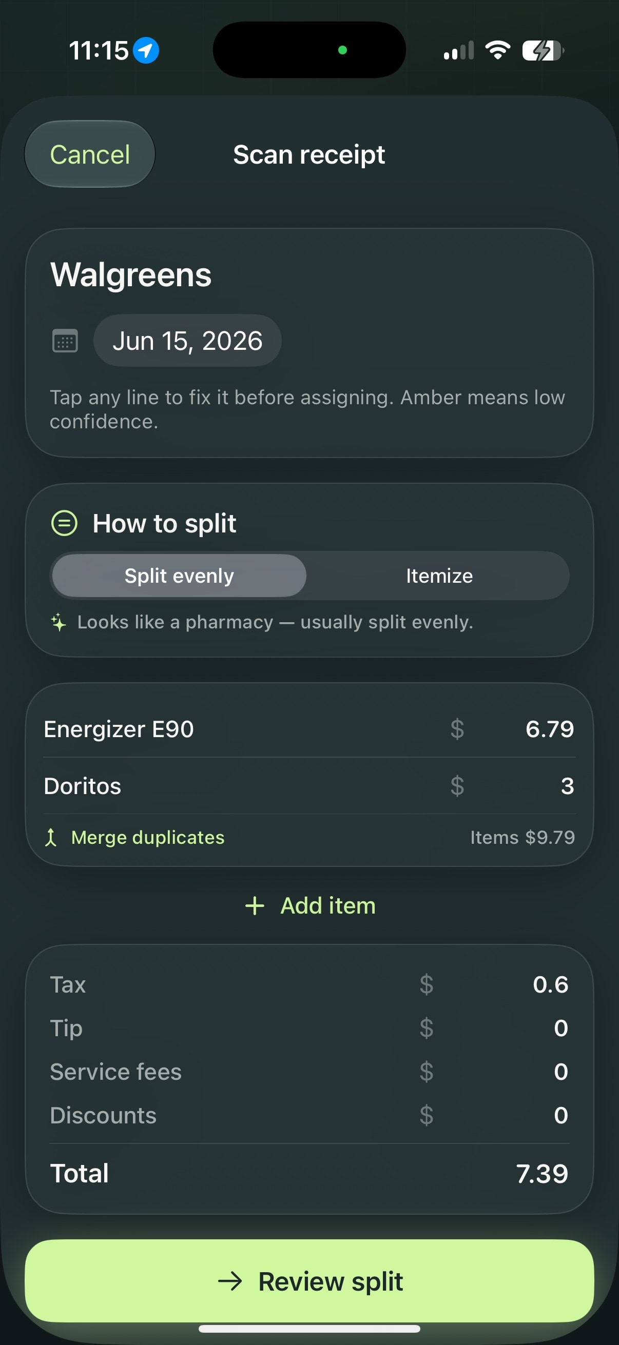 Split showing a Walgreens receipt itemized line by line